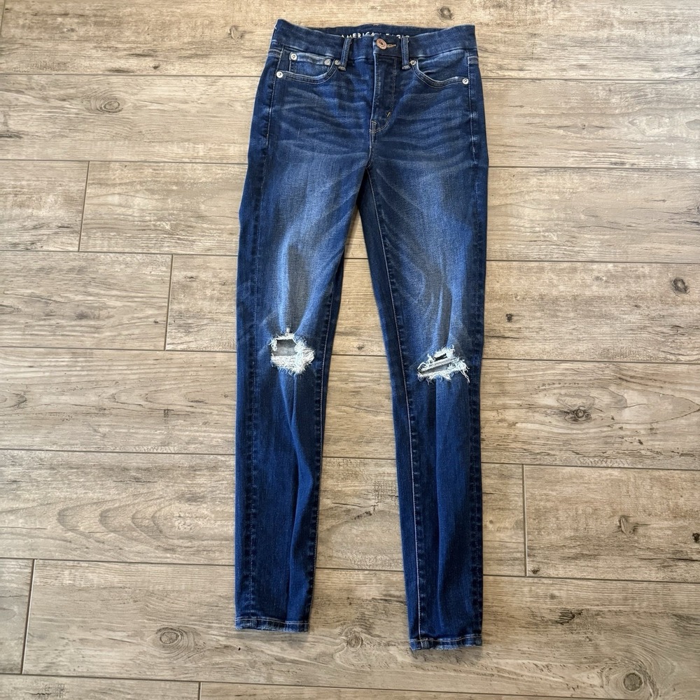American Eagle Size 0 Hi Rise Jegging Blue Distressed Luxe Stretch Skinny Jeans